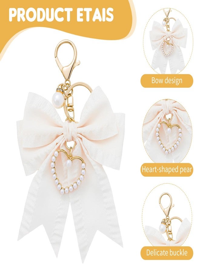 Clofiak Bow Purse Charms, Cute Bow Backpack Keychains for Women, Pearl Wristlet Keychain(Beige) - Image 3